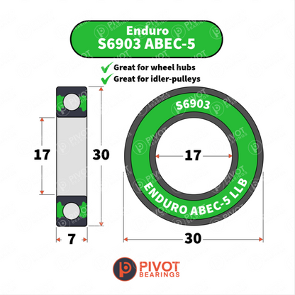 Enduro S6903 ABEC-5 bearing with dimensions and Pivot Bearings logo on a white background