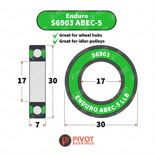 Enduro S6903 ABEC-5 bearing with dimensions and Pivot Bearings logo on a white background